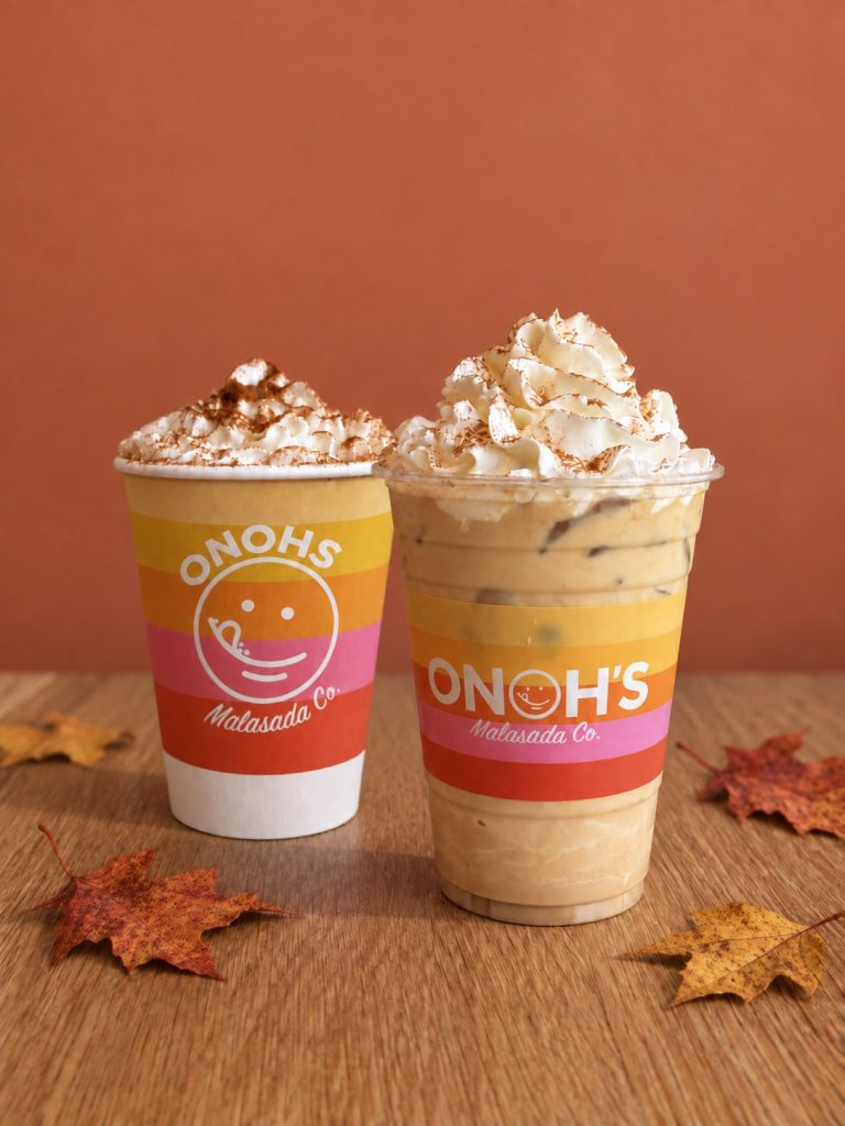 Hot and iced Onoh's pumpkin spice lattes with fall leaves